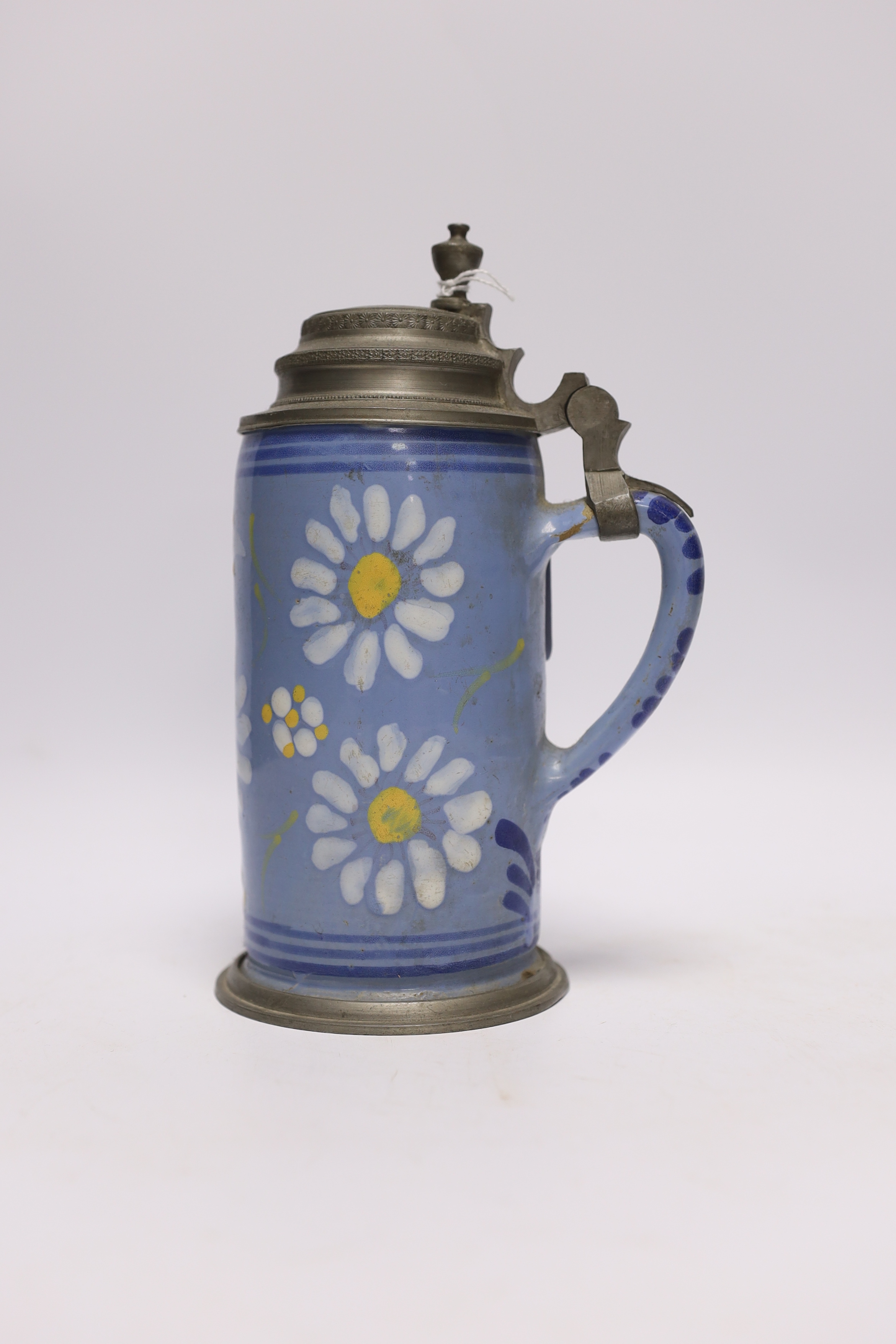 A South German pewter mounted faience tankard, 22cm